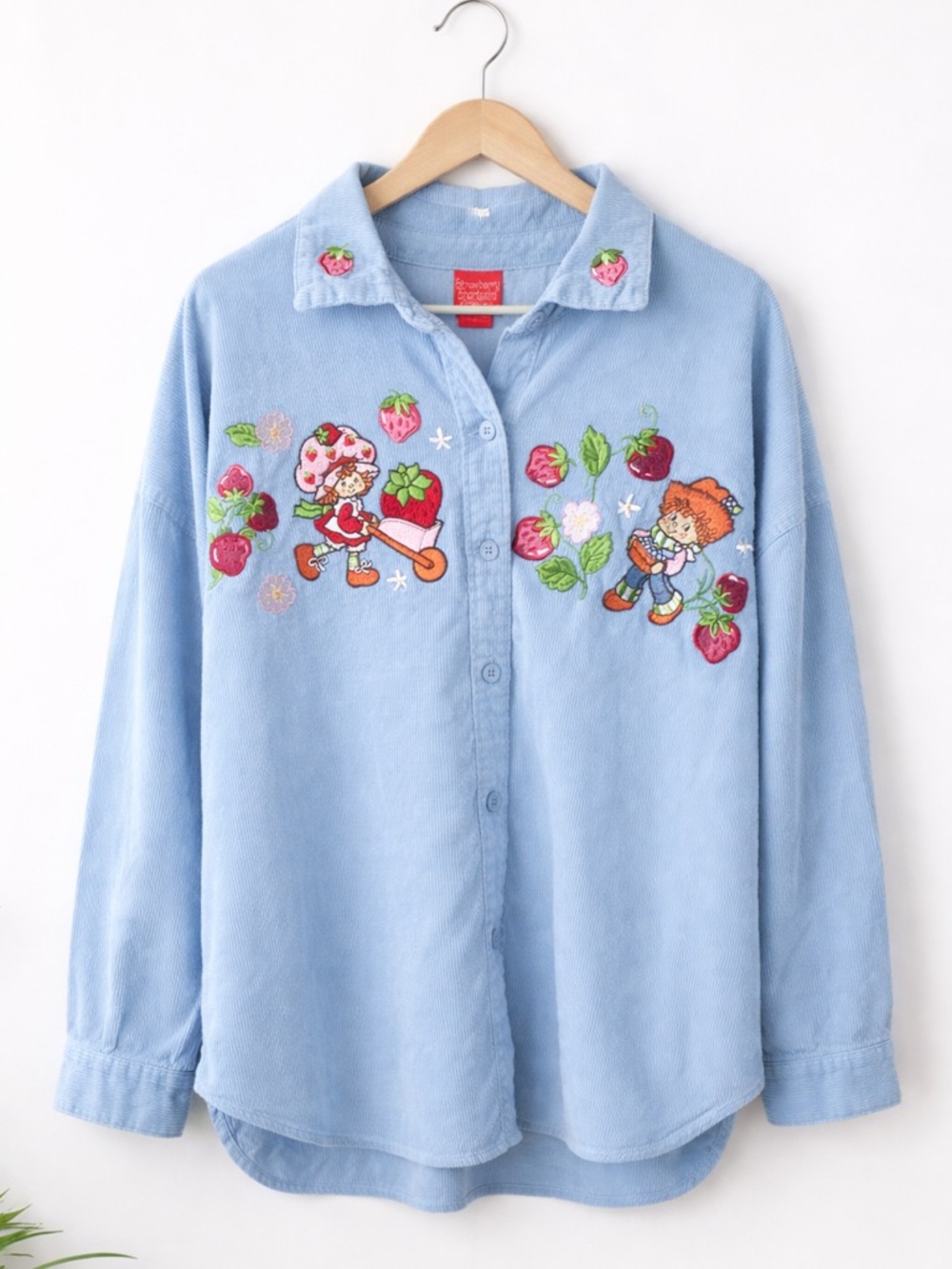 Light Blue Corduroy Button-Up Shirt with Strawberry shortcake Patch Embroidery